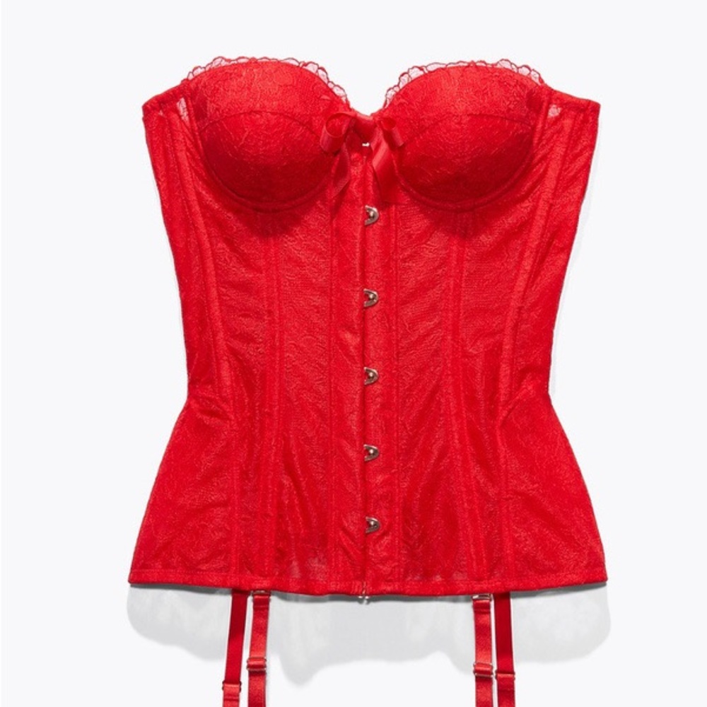 Savage X Fenty Embroidered Lace Corset in Goji Berry Red